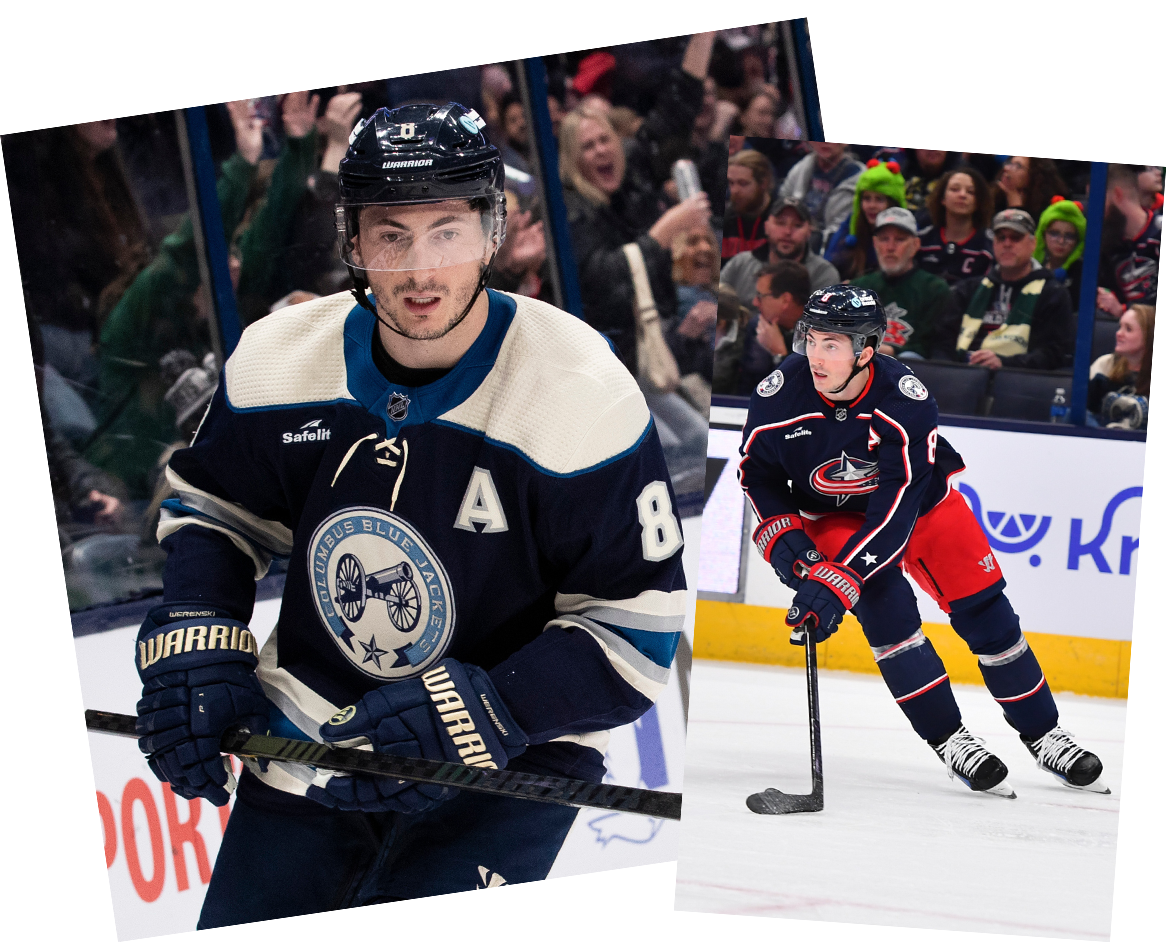 Werenski wearing Columbus Blue Jacket Navy Jersey during hockey game